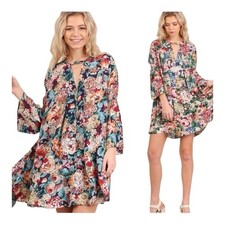 Umgee Floral Shift Dress Womens Medium Multicolor Boho Bell Sleeve Mini Flowy