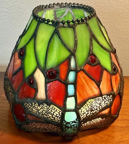 Stained Glass Lamp Shade Tiffany Style DRAGONFLY VTG Cabachon Filigree Green Red