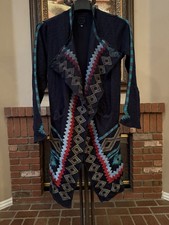 Johnny Was Embroidered Black Aztec Southwestern Cotton Duster Cardigan Size S