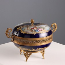 Scatola Antico Bronzo Porcellana Blu Cobalto Francia Inizio XX Secolo