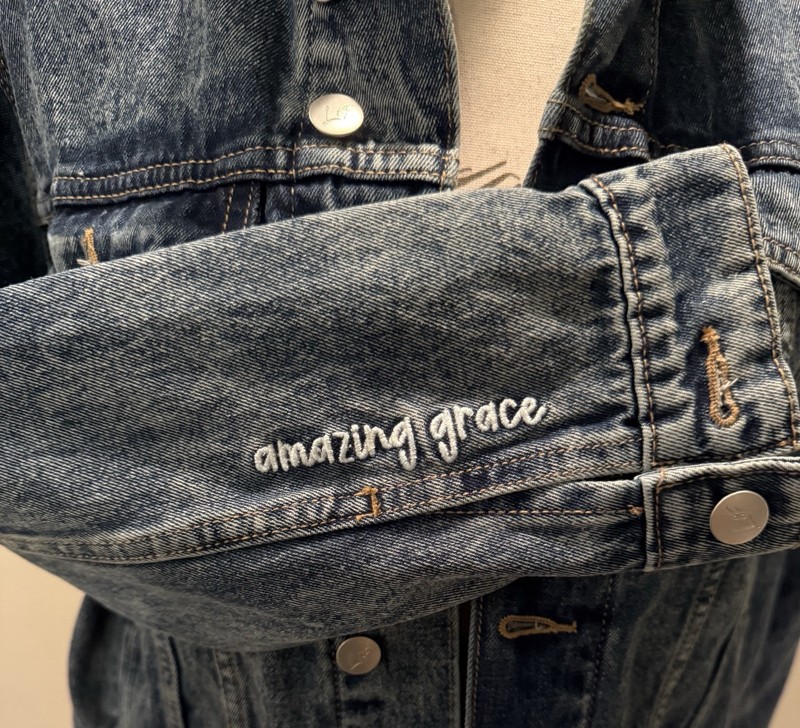 Love in Faith Blue Denim Jacket “Amazing Grace” embroidered on Sleeve Med