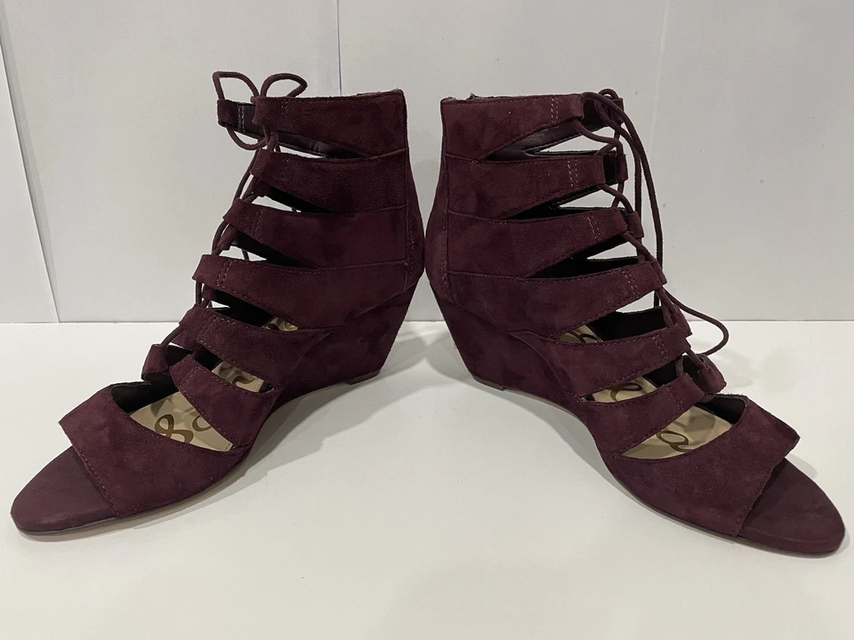 Sam Edelman 麂皮角斗士楔形凉鞋勃艮第系带露趾 7.5 米 EU 38 — 第 2/4 张图片
