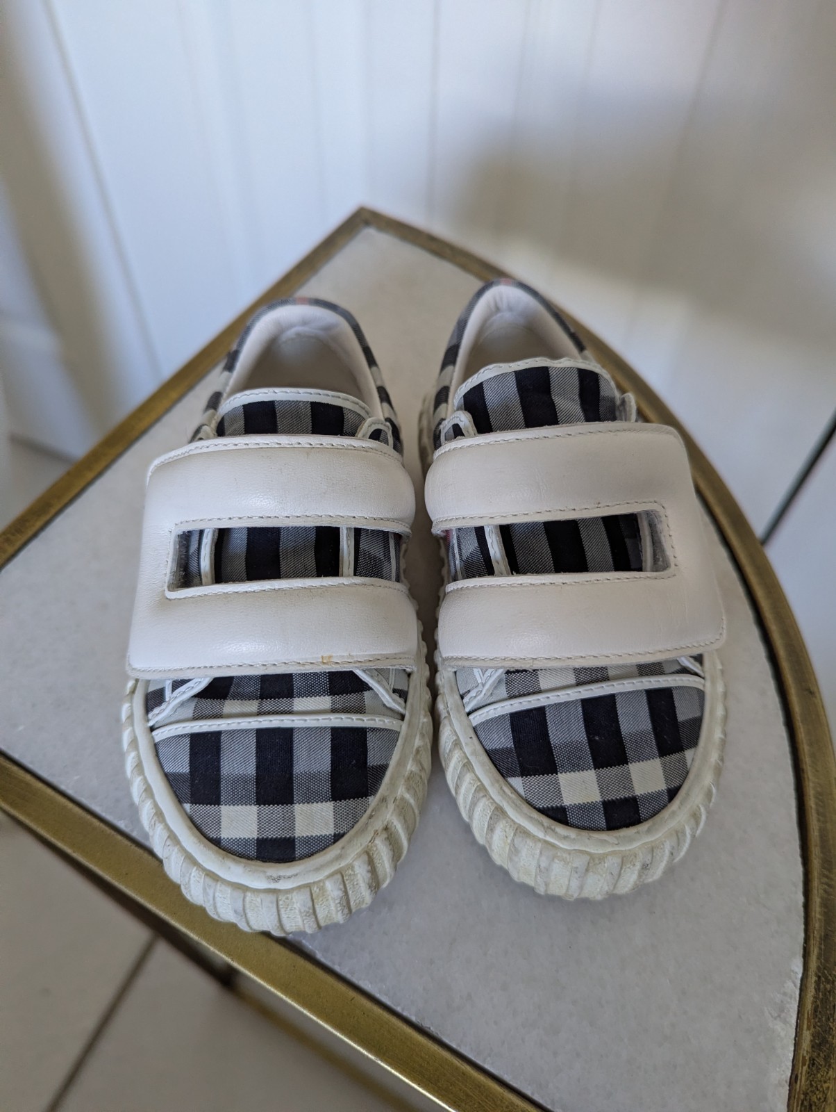 BURBERRY Baby Kids  Sneakers EU Size 24, US 7.5, White Plaid Leather Unisex