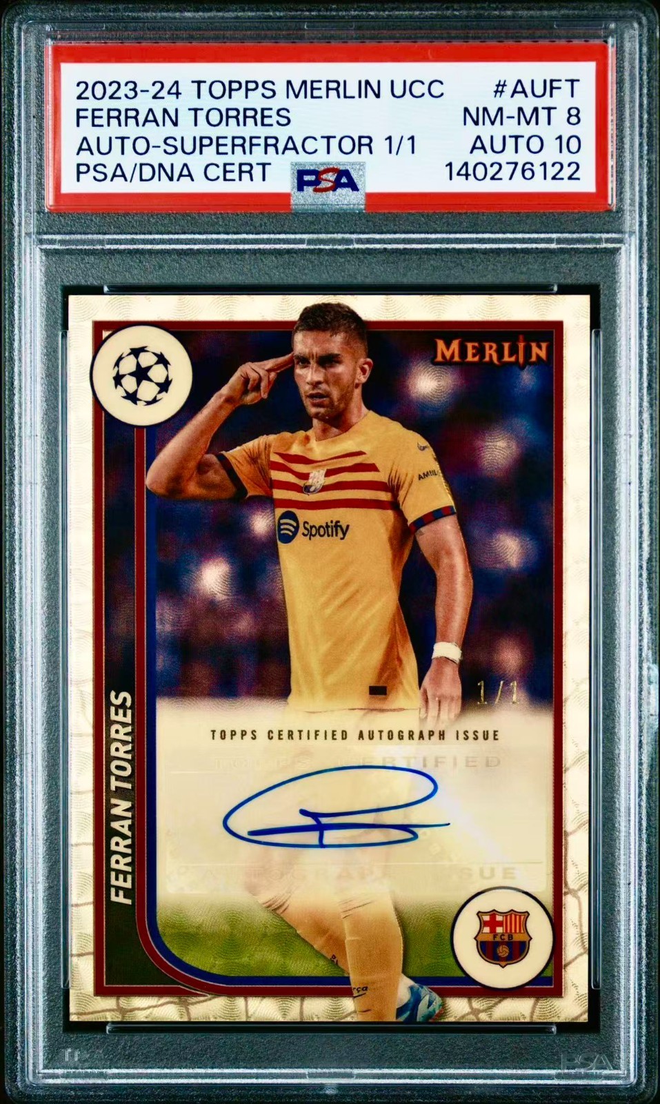 FERRAN TORRES 1/1 AUTO SUPERFRACTOR TOPPS MERLIN CHROME UEFA 2023-24 PSA AUTO 10 view 1