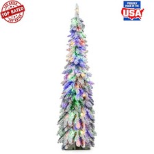 5ft Flocked Pencil Pre-Lit Christmas Tree W/ 150 LED Lights Timer 11 Modes New