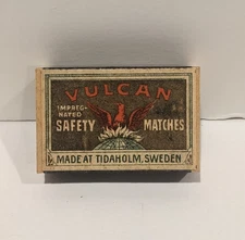 Antique Vulcan Safety Matches Wooden Box 1890s -Tidaholm Sweden Eagle Design