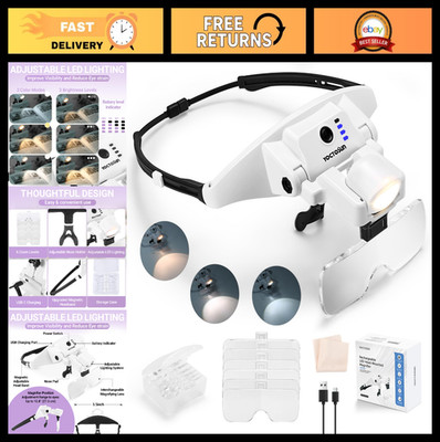 Headband Magnifying Glass with Light, 1.0X-4.0X Adjustable Magnifier, 6 Lenses