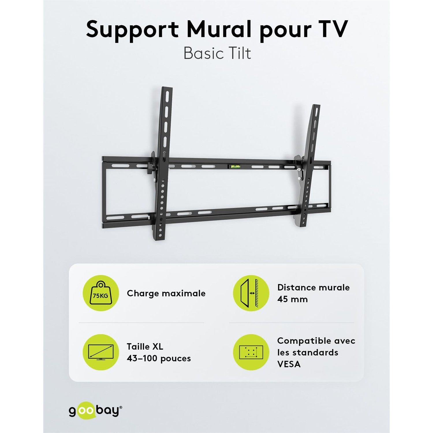 Support mural TV inclinable Goobay Basic TILT XL structure acier ultra robuste 75kg max - 2