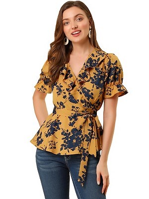 Haut Court Femme LUQ à Imprimé Floral - Col V, Nouage Devant, Manches Courtes, Taille XL