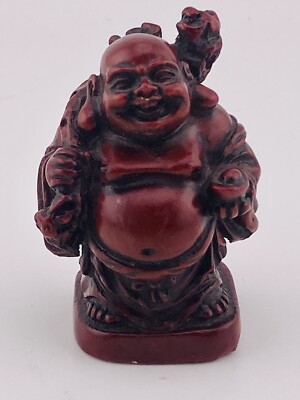 Vintage Japanese Netsuke Figurine  Red Resin Happy Buddha 2 Inch Figure 