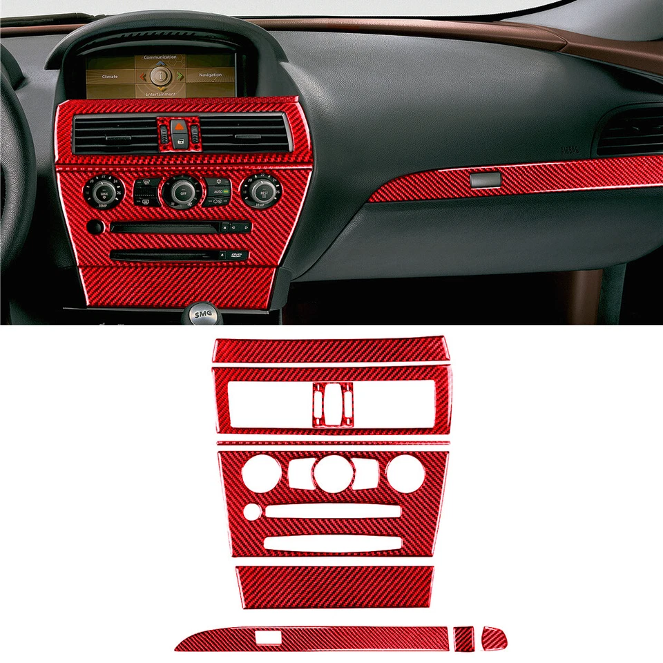 Juego completo de molduras de pegatinas interiores de fibra de carbono roja 34 piezas para BMW 650i 645Ci E63 E64 Foto 4 de 4