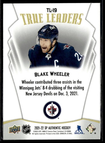 2021-22 Sp Authentic True leaders Blake Wheeler #TL-19 H4R3G - Picture 2 of 2