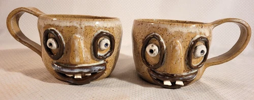 Ugly Funny Face Pottery Mugs Left & Right Handed Signed 2008