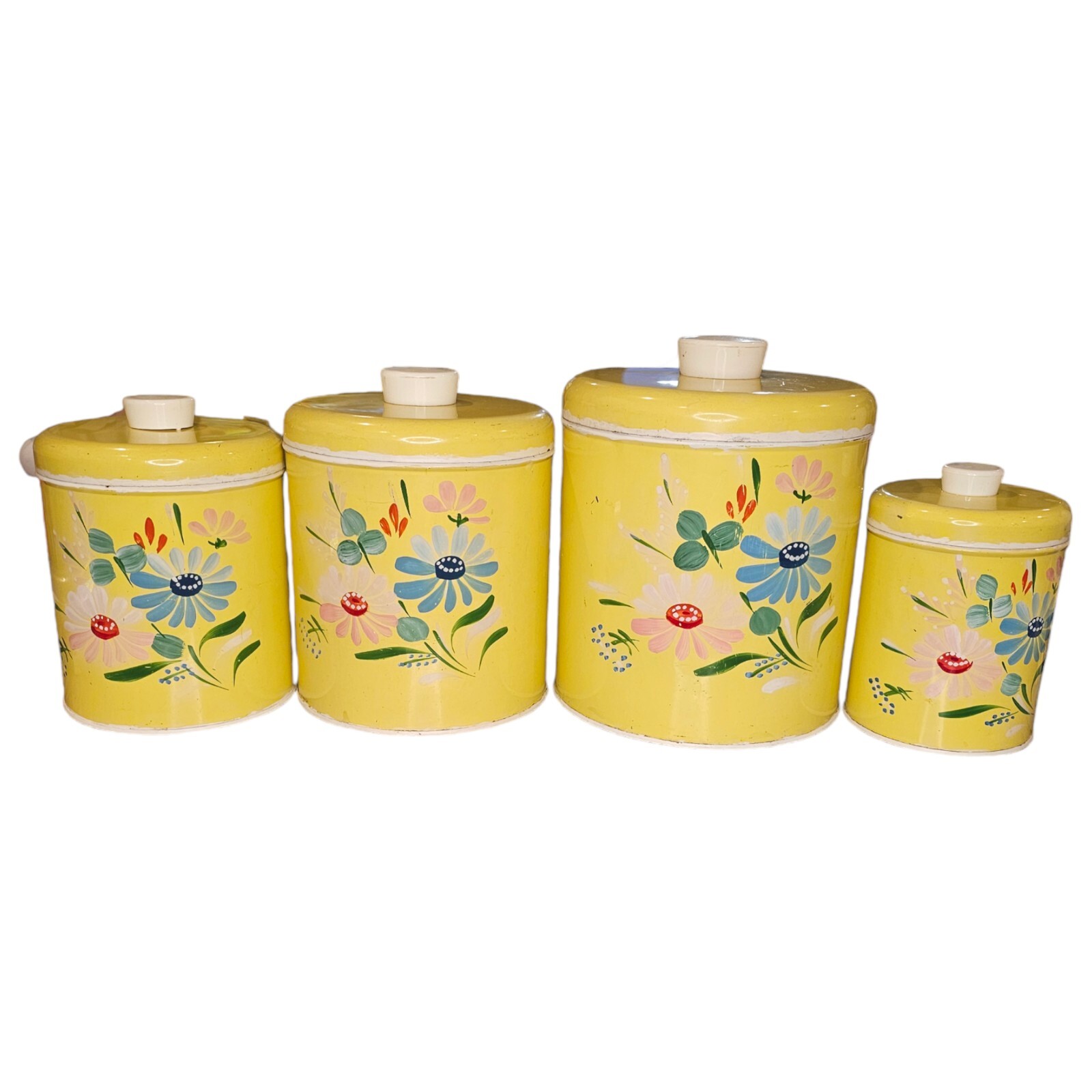 Vintage 50s Ransburg Yellow Metal Handpainted Floral Kitchen Canisters W Lids 4 eBay