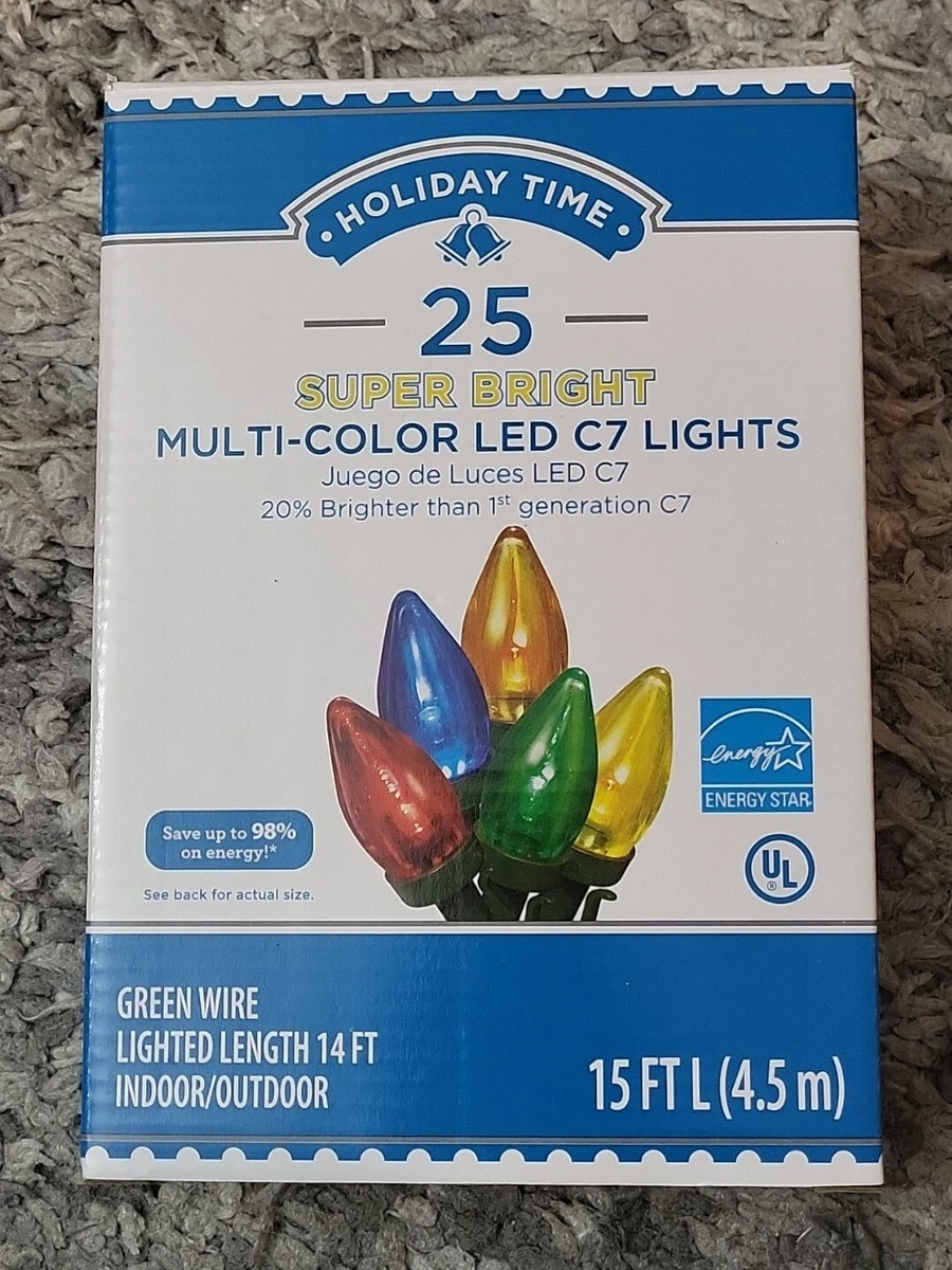 Holiday Time 25 Multi Color Super Bright C7 LED Lights Green Wire Christmas