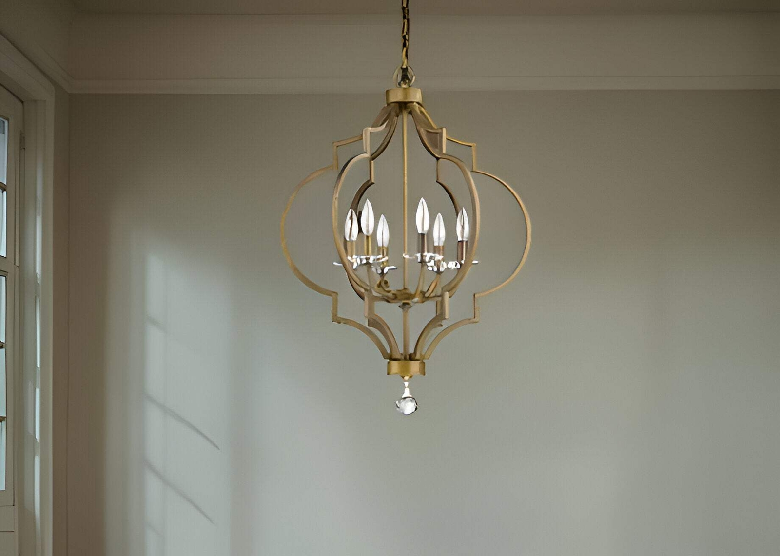 Gold and White Candle Style Six Light Metal Dimmable Chandel