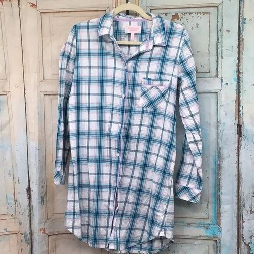 Victoria Secret Womans S/P Blue Pink White Silver Plaid Light Flannel Night Shir