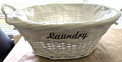 Wicker Laundry Basket (White)Basked Includes Cloth Insert and 1 Handle Side