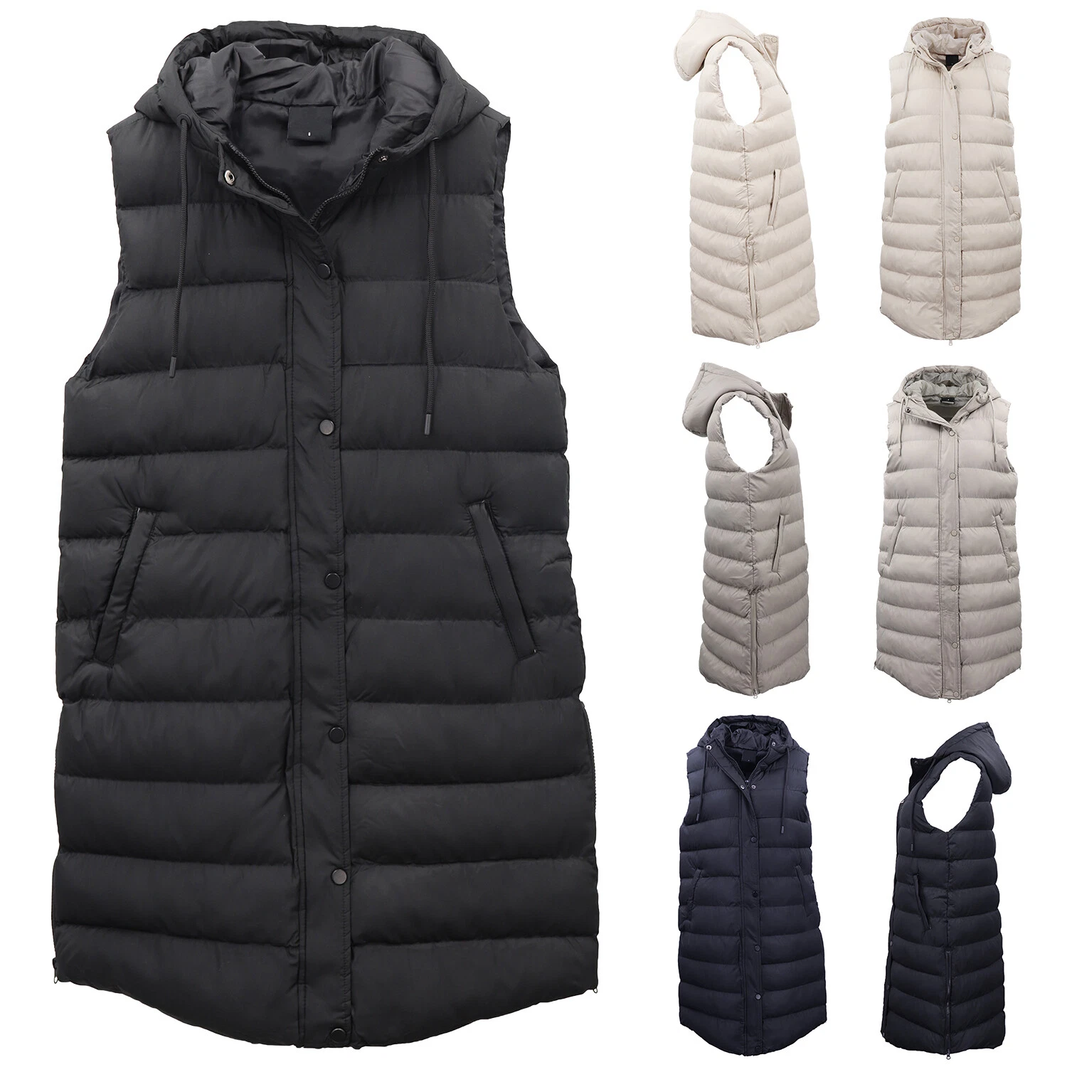 Women's Longline Padded Vest Hooded Jacket Puffer Puffy Quilted Zip Coat Gilet