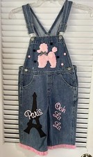 Girls 4T PoodleOveralls. Greggy Girls. Paris Themed. Cotton. Blue Denim  Pink.