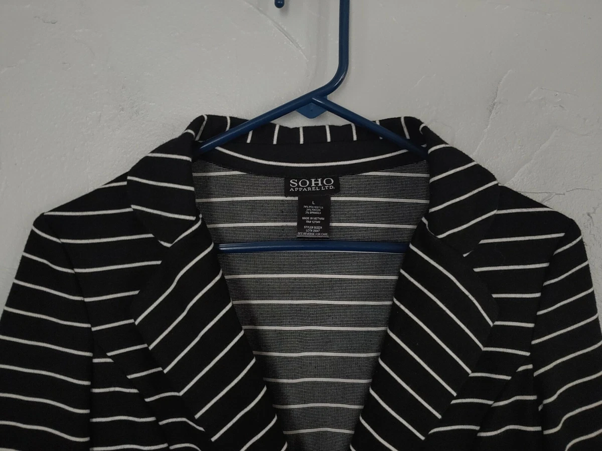 Soho Apparel Ltd. black blazer white stripes 3 4 sleeves w stretch Large