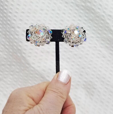 Vintage Circa 1950s Clear AB Iridescent Crystal Round Clip On