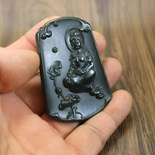 Chinese HeTian Jade Carved Kwan-yin Statue Necklaces Pendants Amulet 20925
