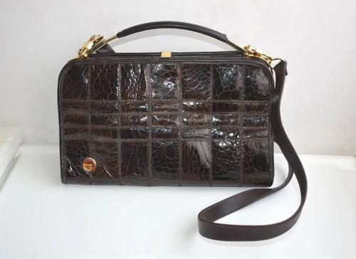 Vtg Zenith Italy Brown Genuine Leather Crocodile Pattern Handbag Shoulder Bag