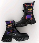 New Heroicouture Plaid Combat Boots Black Purple Women's 8 M Zip Pouch Lug Sole
