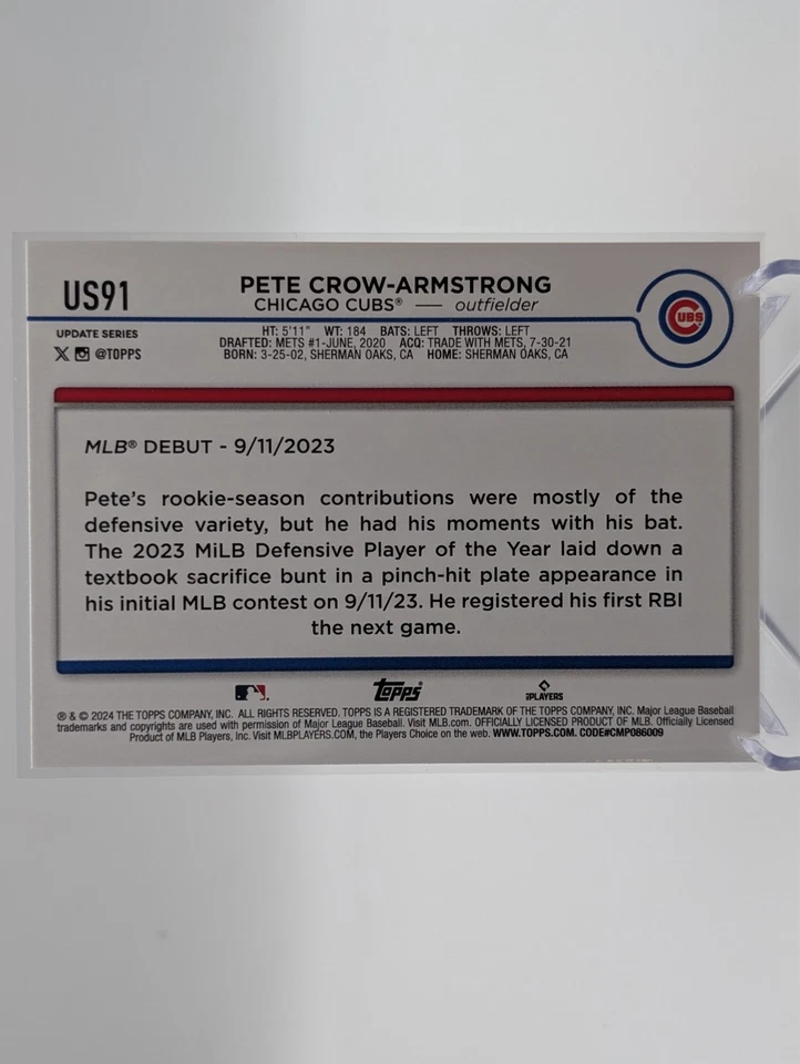 2024 Topps Update Series PETE CROW-ARMSTRONG #US91 Rookie Debut RC - Image 2 of 2