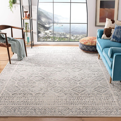 Tulum Collection Area Rug - 8' Square, Ivory & Grey, Moroccan Boho Distressed De
