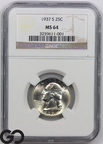 1937-S Washington Quarter NGC MS 64 ** Tough This Nice, Blast White!