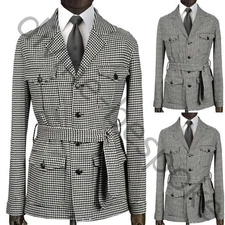 Retro Houndstooth Men's Safari Jacket  with Belt Multi Pockets Hunting Coat Pant