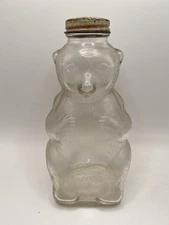 Vintage 1950s BEAR Shaped COIN BANK Snow Crest Beverages GLASS Bottle Metal Lid