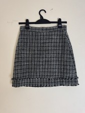 Warehouse Boucl  Tweed Mini Skirt UK 10 Black White Metallic Fringe