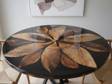 Sunburst Walnut Black Epoxy Round Table Top | Petal Pattern Luxury Art