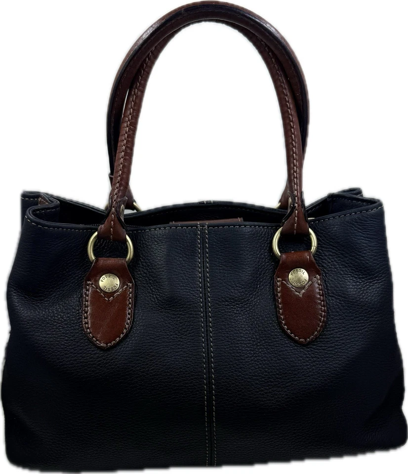 Bolso de Mano Vintage Fossil Cuero Negro con Borde de Cuero Marrón con Dije de Llave Foto 3 de 4