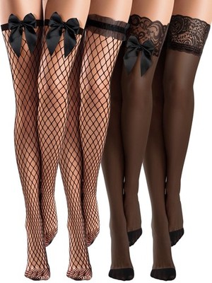 Bencailor 4 Pairs Fishnet Thigh High Stocking Silicone Lace Top Medium, Black 