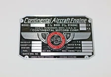 A65, Continental Motors Engine Data Plate,  Style 1, Piper Cub, Aeronca, Ercoupe