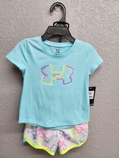 Under Armour Little Girls 24mo Tshirt/Short Set - Aqua/Neon Colors Logo NEW TAGS