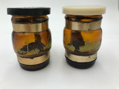 2.5" Vtg Glass Mug Jug Railroad Train Salt Pepper Shakers Kitchen Conductor F - Picture 2 of 9