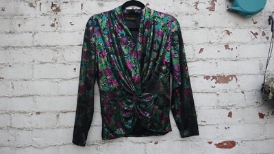 Ma-Sai 80er Jahre glänzende Bluse Metallic Blumenmuster Top UK 10