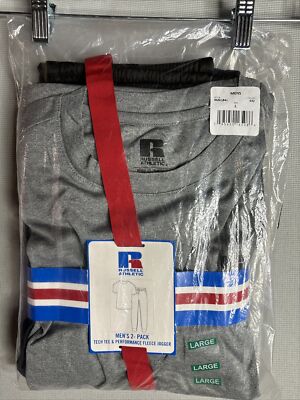 Russell Athletic Men s 2-Pack Tech Tee & Fleece Jogger Large Gray Shirt/blk Pnts