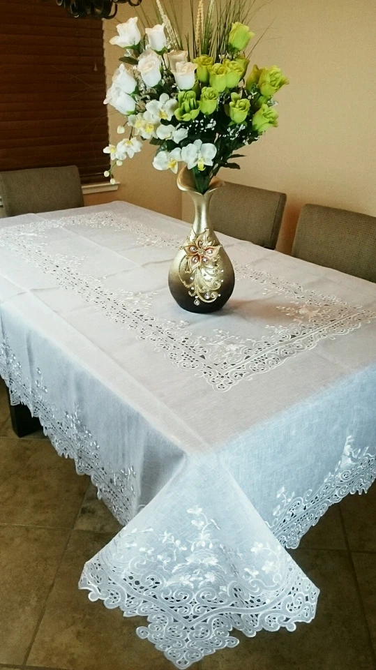 72x144" Embroidered Lace Organza Polyester Tablecloth Napkin White Wedding Party - Image 3 of 4