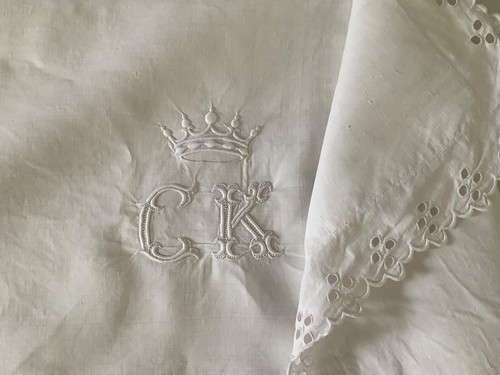 RARE Antique French Linen Pillow Sham Hand Embroidered Crown Coronet Mono CK - Picture 11 of 11