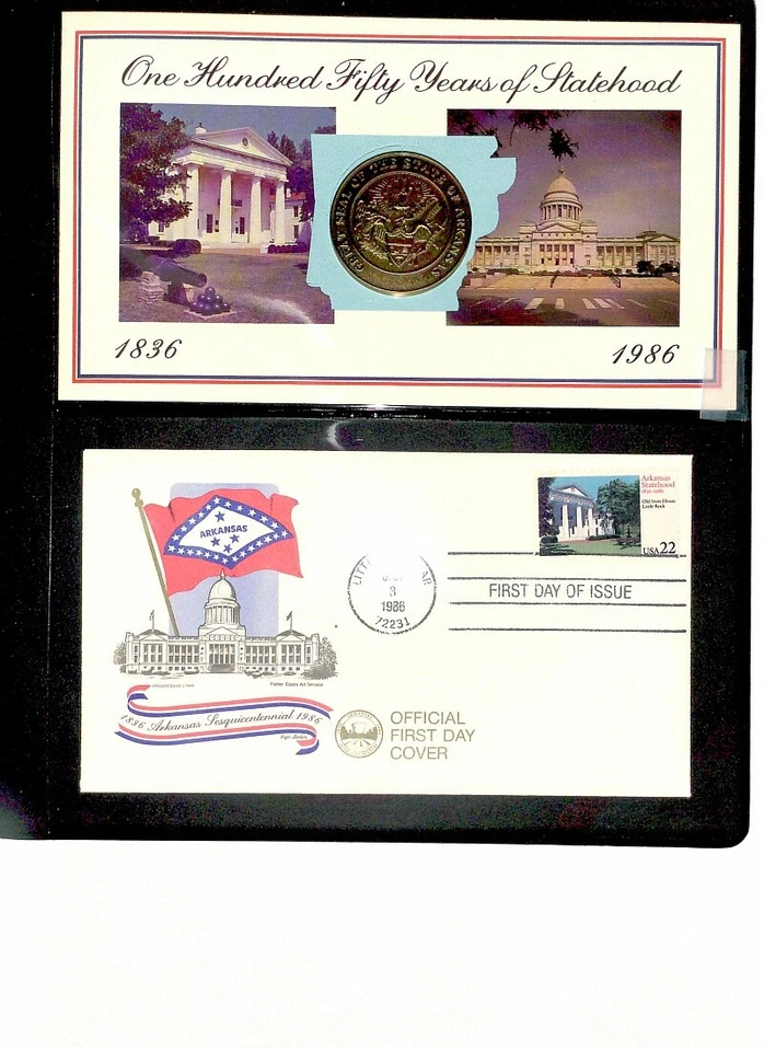 1986 Arkansas Sesqui Sc 2167 Erga cachet & bronze medal, blue folio - Image 3 of 4