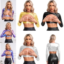 Womens Tee PVC Top Shiny Shirt Performance Crop Top Rave Carnival Metallic Bra