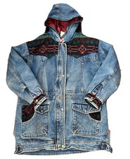 Denim Southwest Style Hooded Jacket VTG 90  s Outbrook L Cotton Hip Length