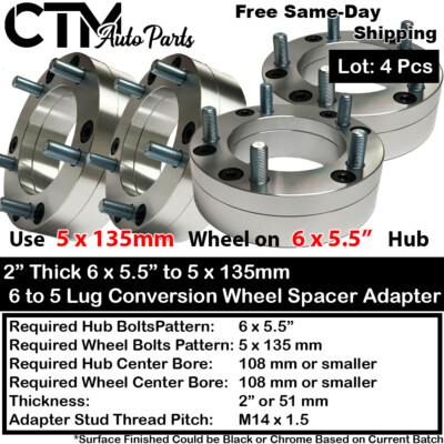 4x 2'' 6x5.5'' to 5x135mm 108mm Bore Conversion Wheel Adapter Spacer Fit GMC &More