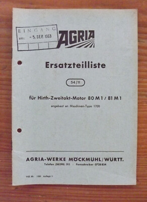 Hirth Ersatzteilliste Typ8 ( 80M1 / 81M1 / ) an Agria 1700 ETL Typ 8 Zweitakter 